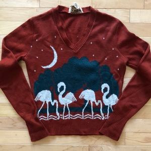 Vintage rust v neck sweater with flamingo intarsia design ❤️🦩🌴🌙✨⭐️